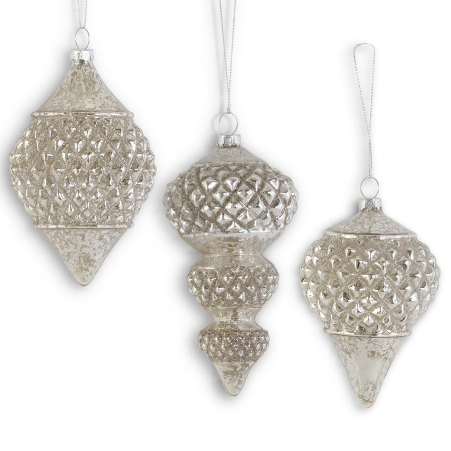 Glittered Silver Mercury Glass Finial Ornament