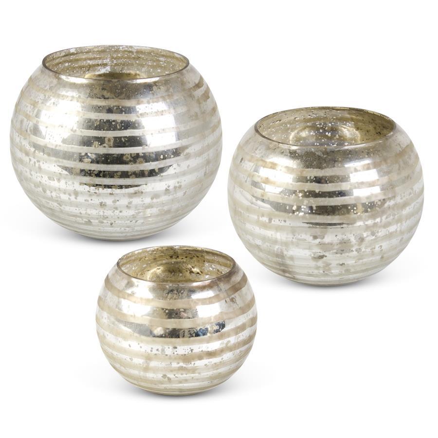 MERCURY GLASS ROUND VASES W/ETCHED STRIPES
