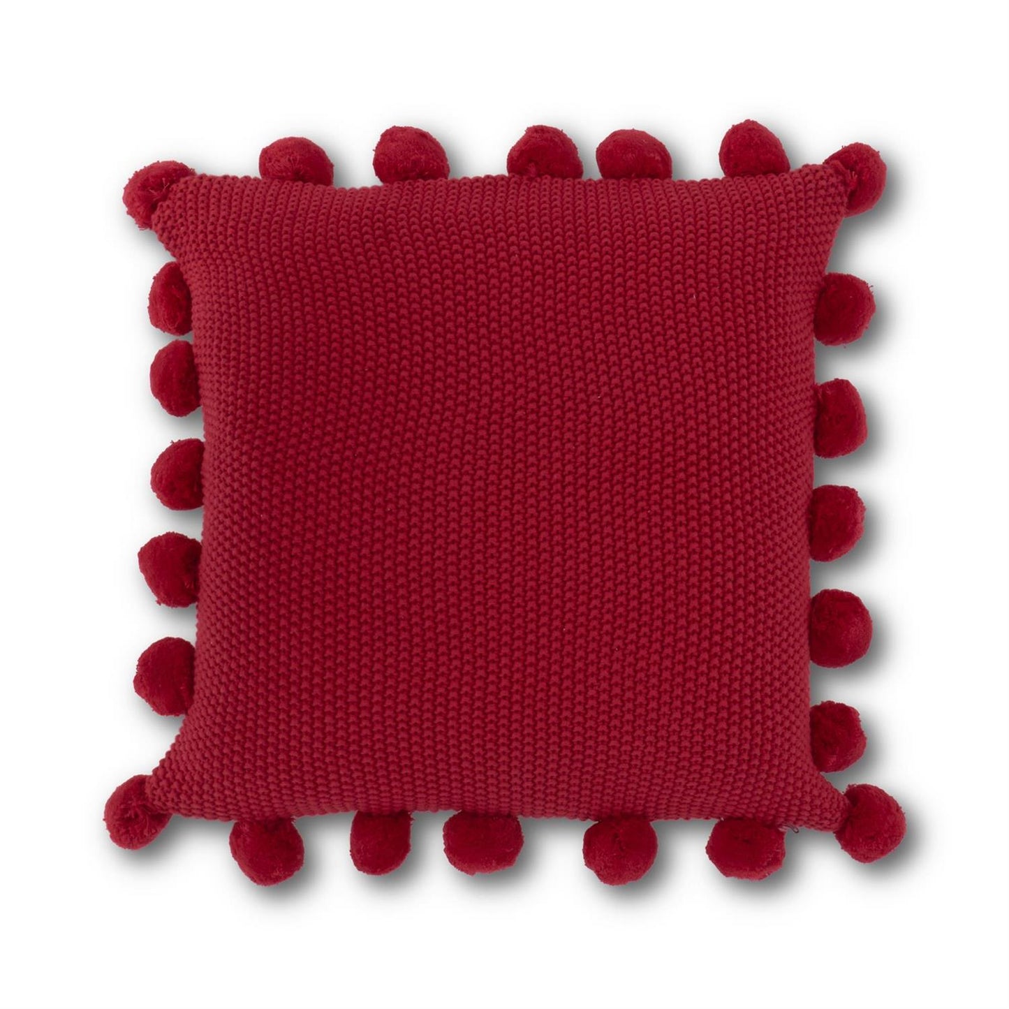 RED MOSS STITCH KNIT PILLOW W/POMPOM TRIM