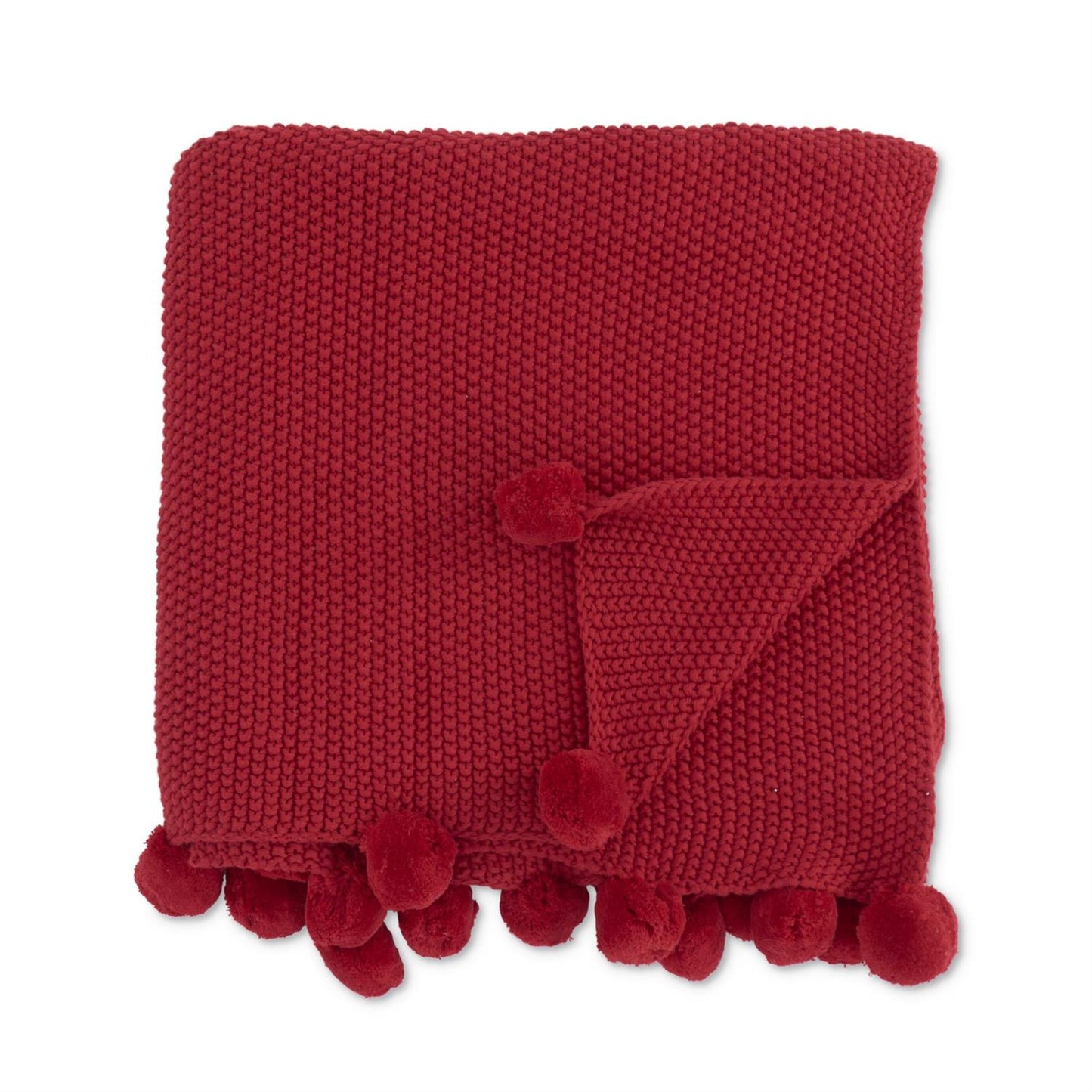 RED MOSS STITCH KNIT THROW BLANKET W/POMPOM TRIM