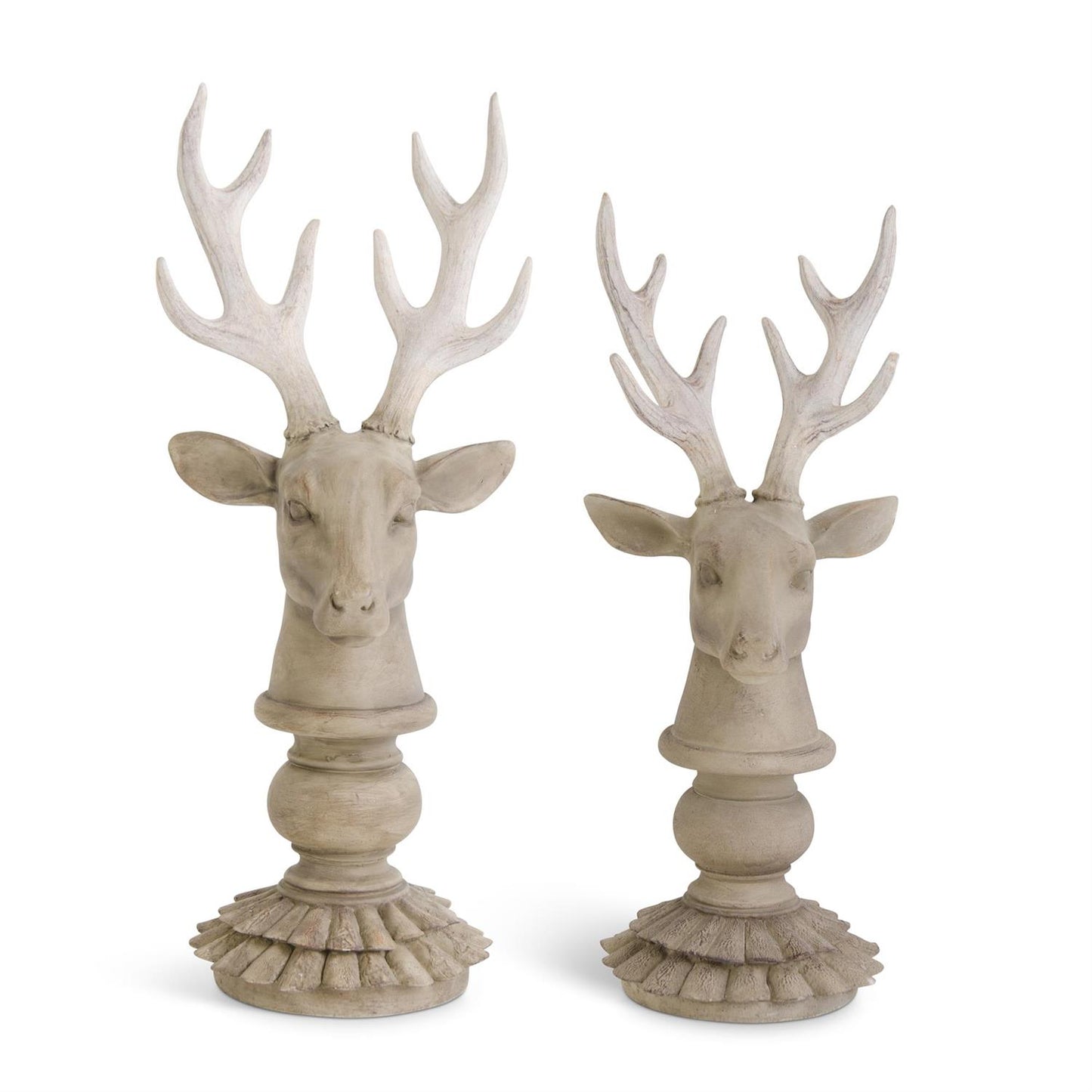 CREAM & TAUPE RESIN WOOD LOOK DEER BUSTS ON SCALLOPED BASE