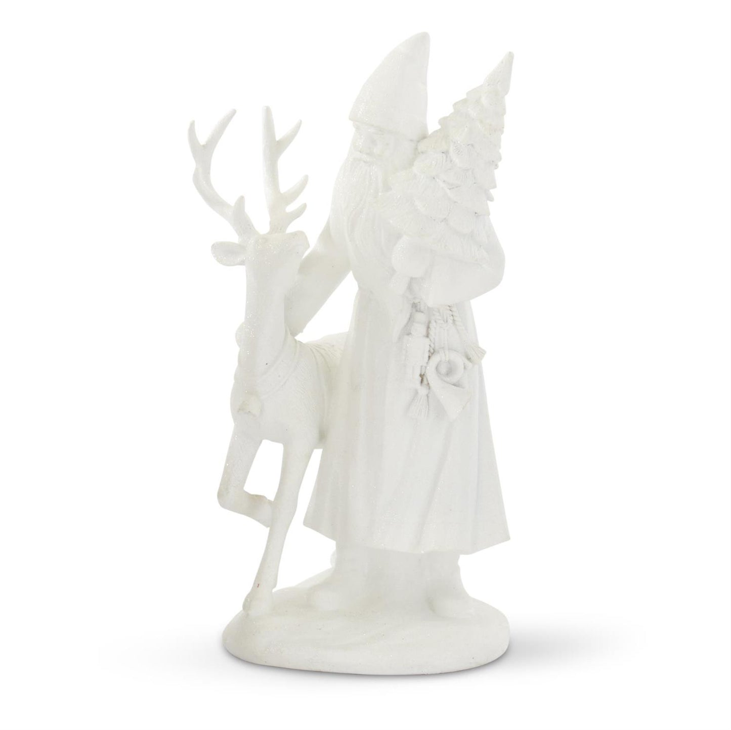 GLITTERED WHITE RESIN SANTA W/REINDEER