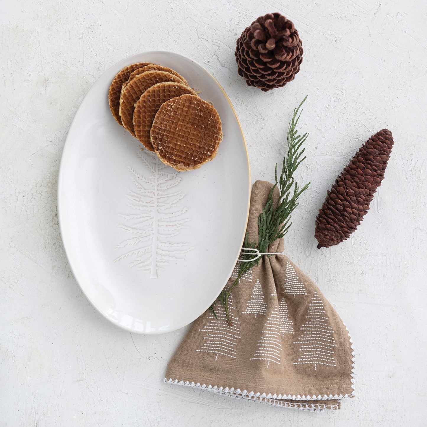 Oval Debossed Stoneware Platter w/ Tree Design