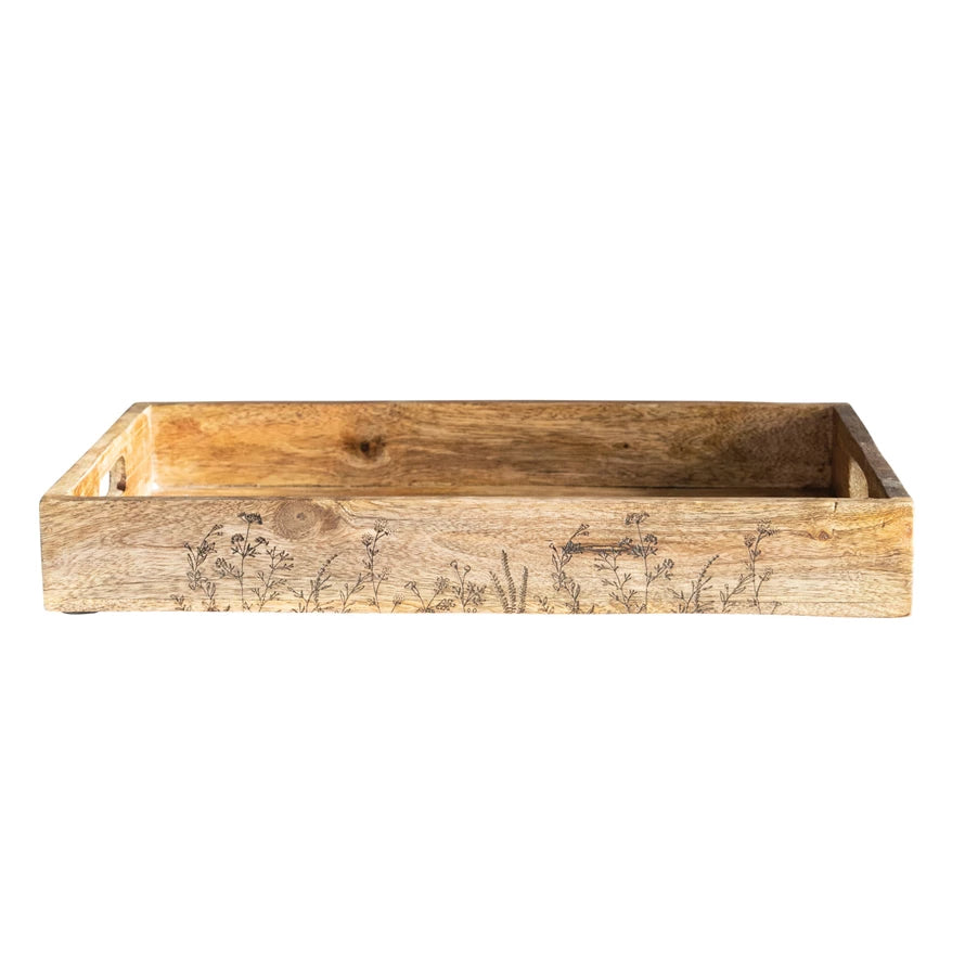 Decorative Mango Wood Tray w/ Handles & Laser Etched Botanicals
