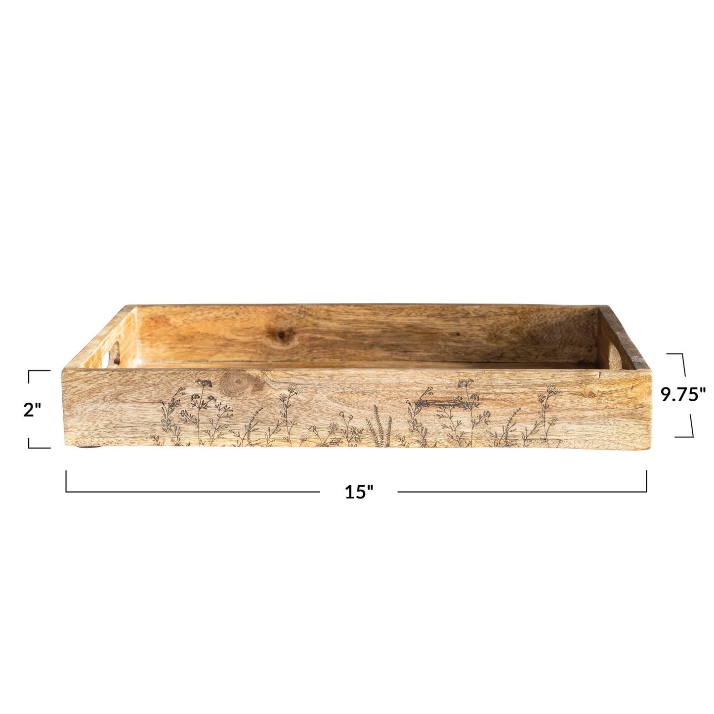 Decorative Mango Wood Tray w/ Handles & Laser Etched Botanicals