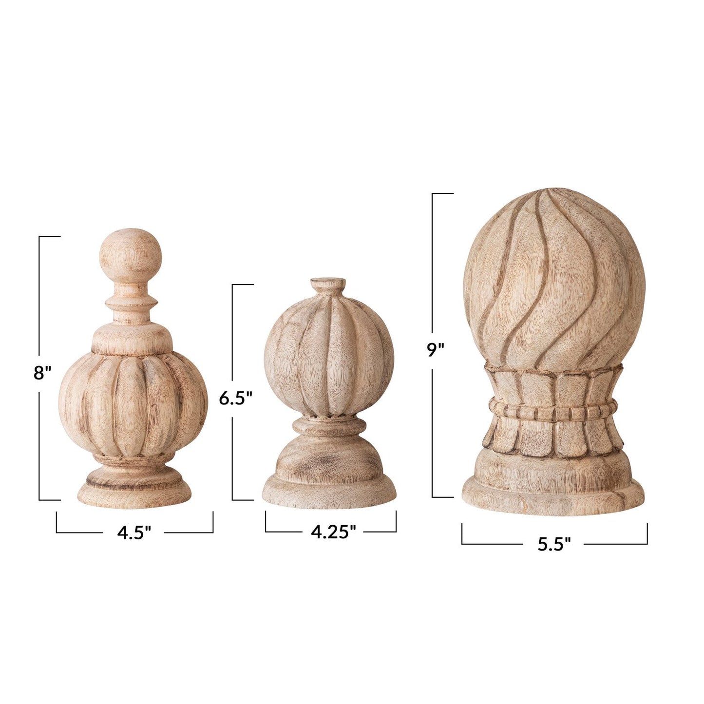 Hand-Carved Mango Wood Finials, Bleached