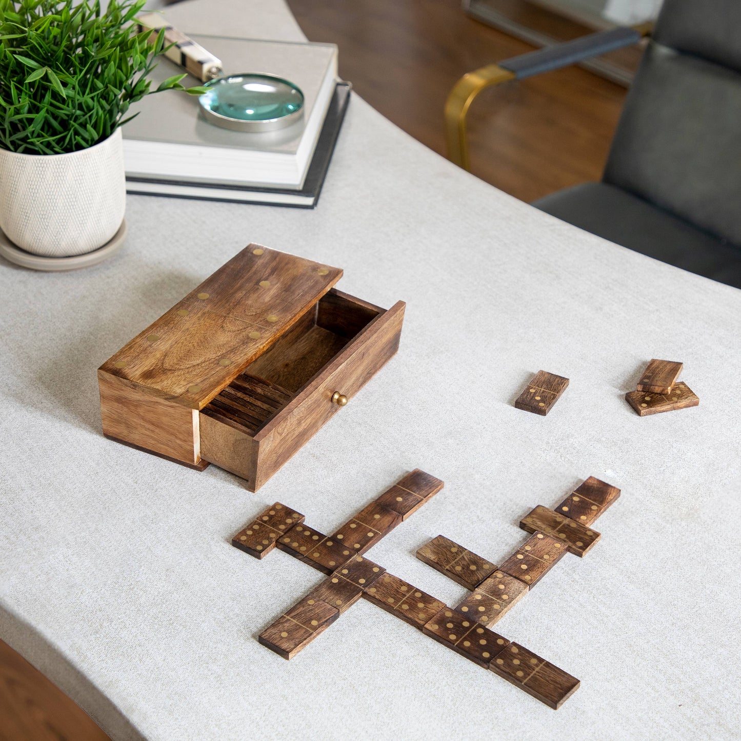 Mango Wood Pull-Out Drawer Domino Game Set