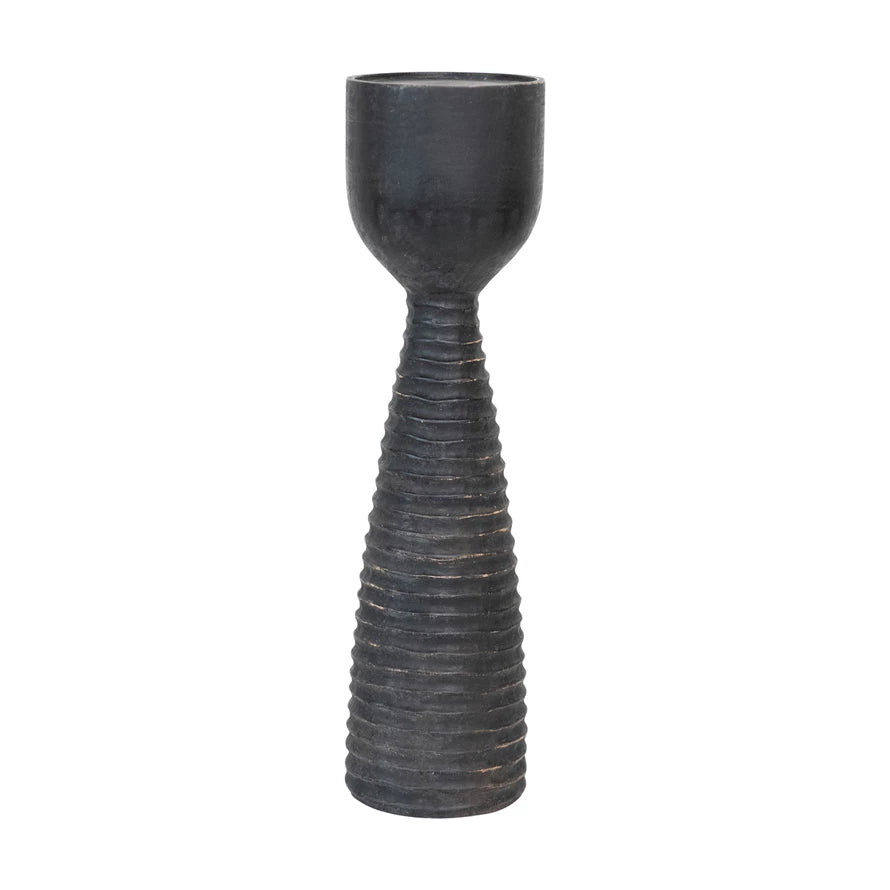 Hand-Carved Mango Wood Ribbed Candle Holder