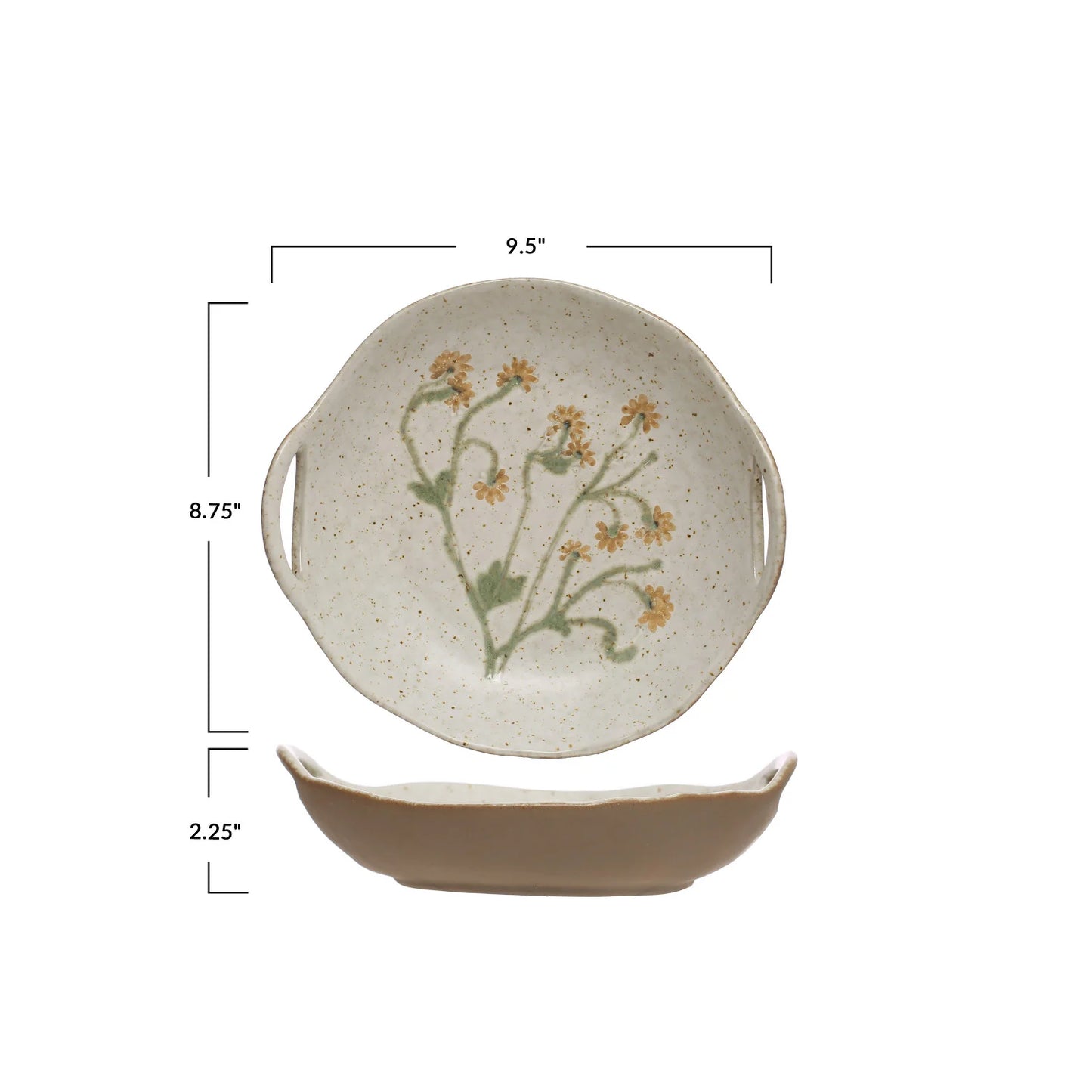 Hand-Painted Stoneware Bowl w/ Handles & Botanicals (Each One Will Vary)