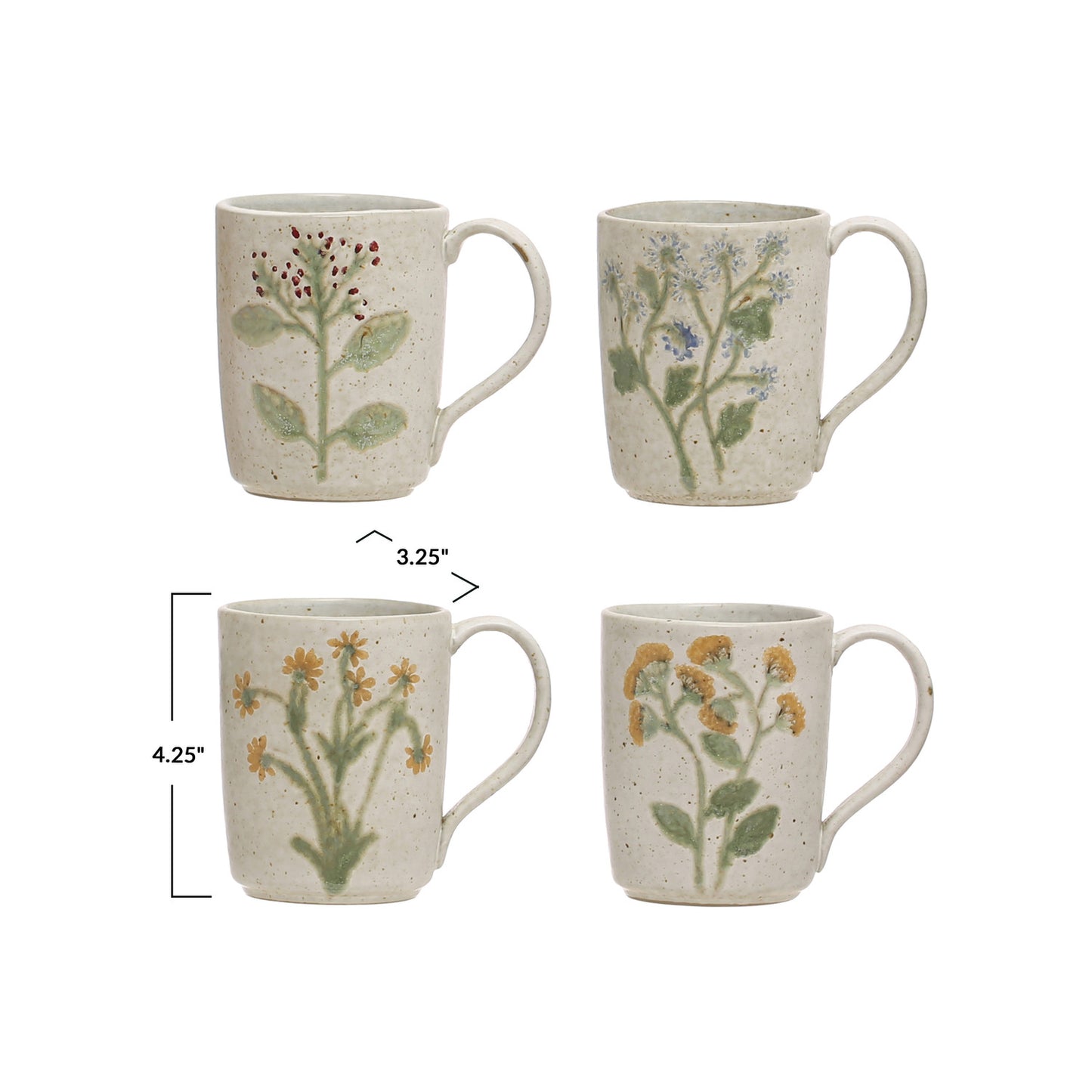 12 oz. Hand-Painted Stoneware Mug w/ Botanicals, 4 Styles (Each One Will Vary)
