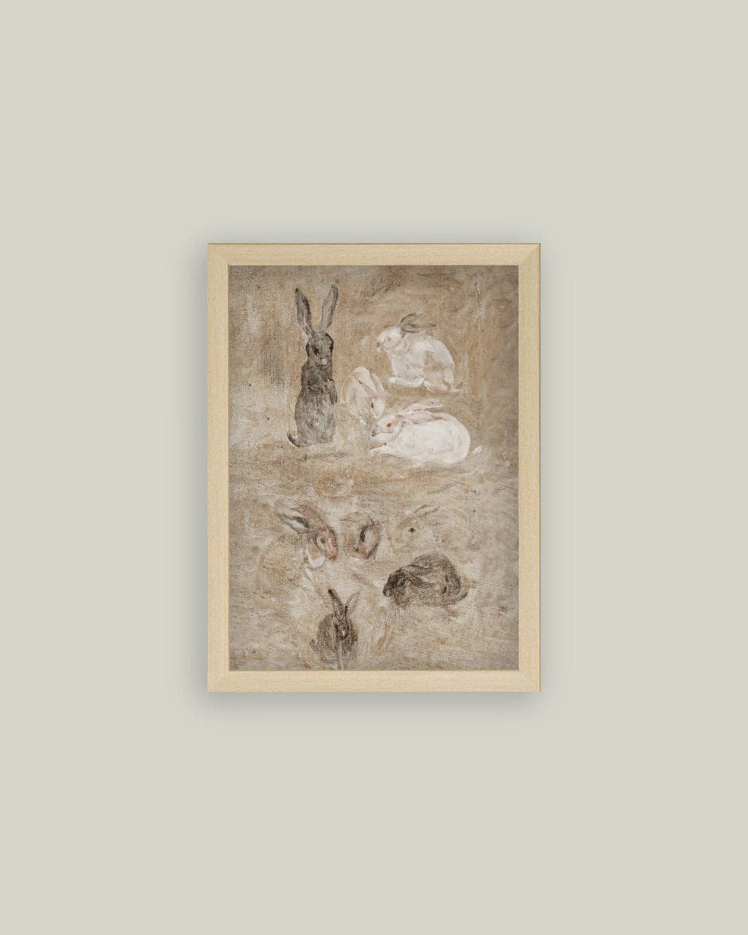 Brown Vintage Bunnies Framed Antique Art: 7X9