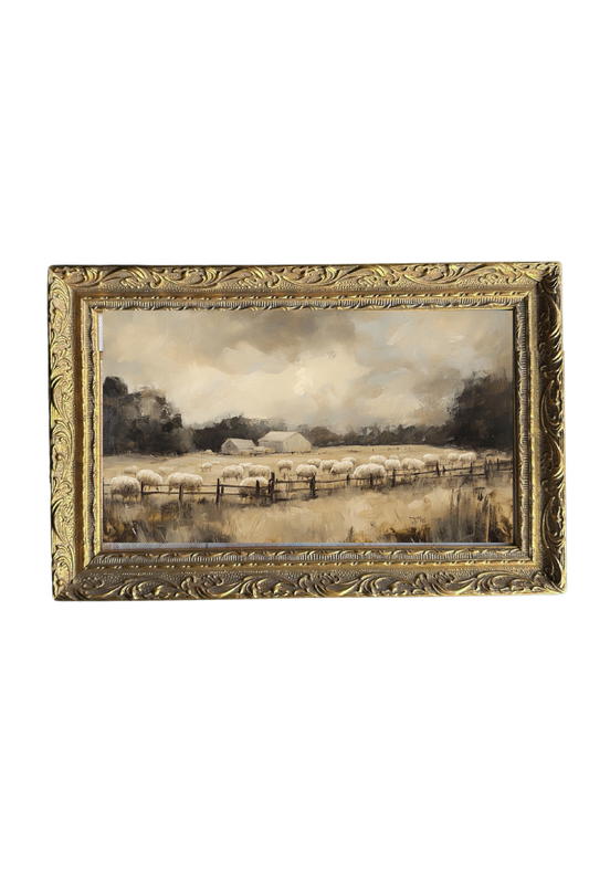 Vintage Sheep Farm | French Brass Gold Mould Framed Art: 12 x 9