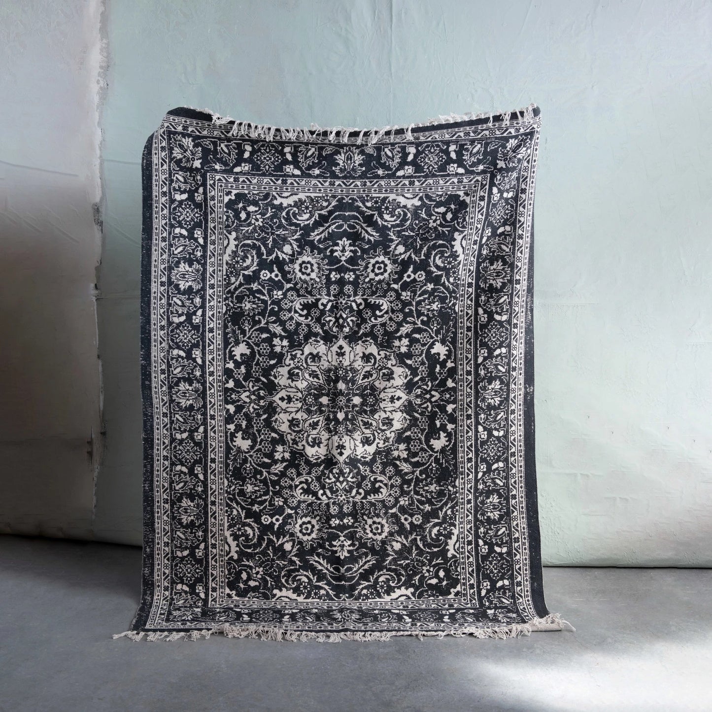 Woven Cotton Distressed Print Dhurrie Rug w/ Fringe