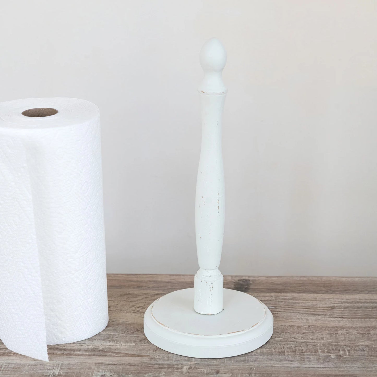 Wood Paper Towel Holder, Distressed Finish, White