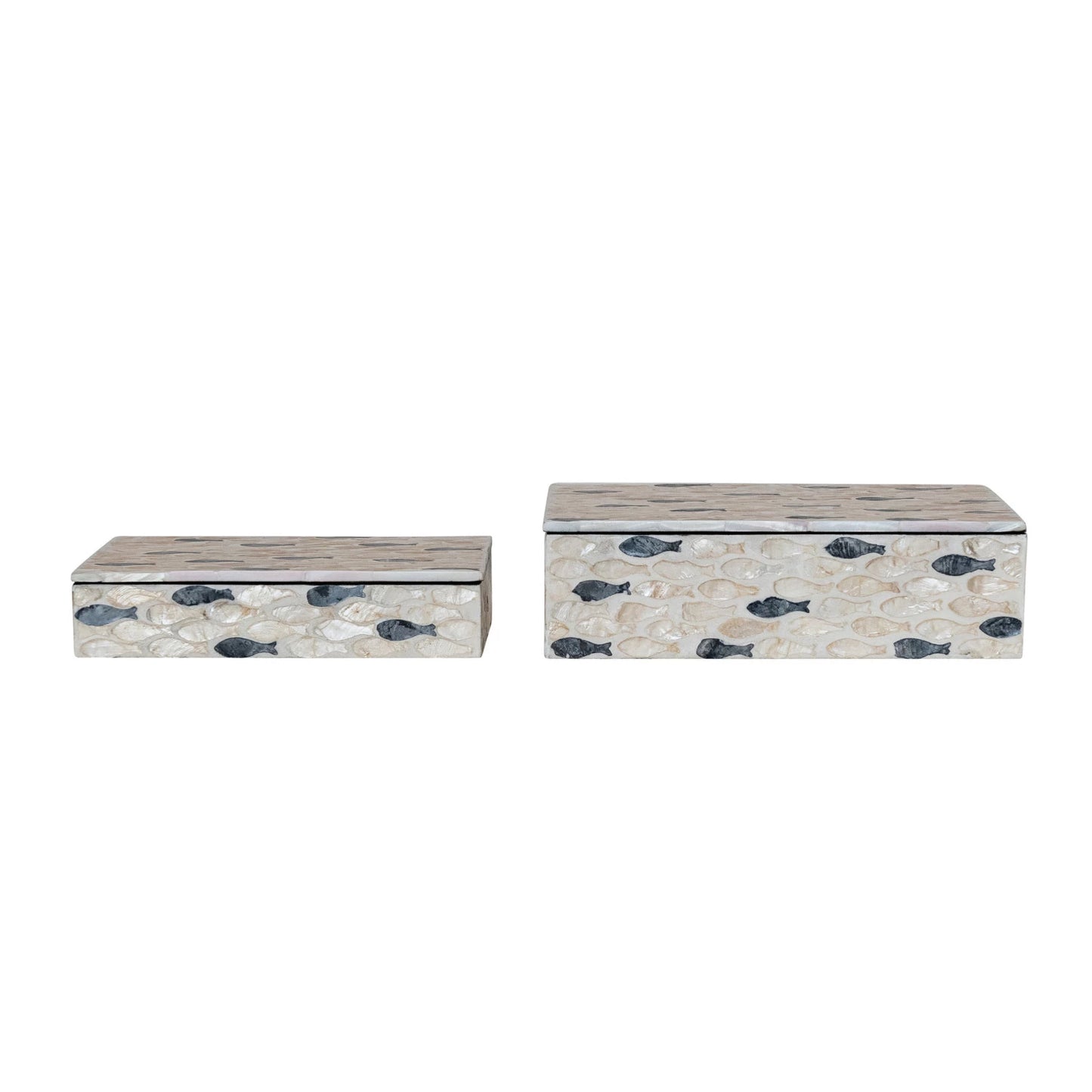 Capiz Boxes w/ Inlaid Fish, Natural & Charcoal Color, Set of 2
