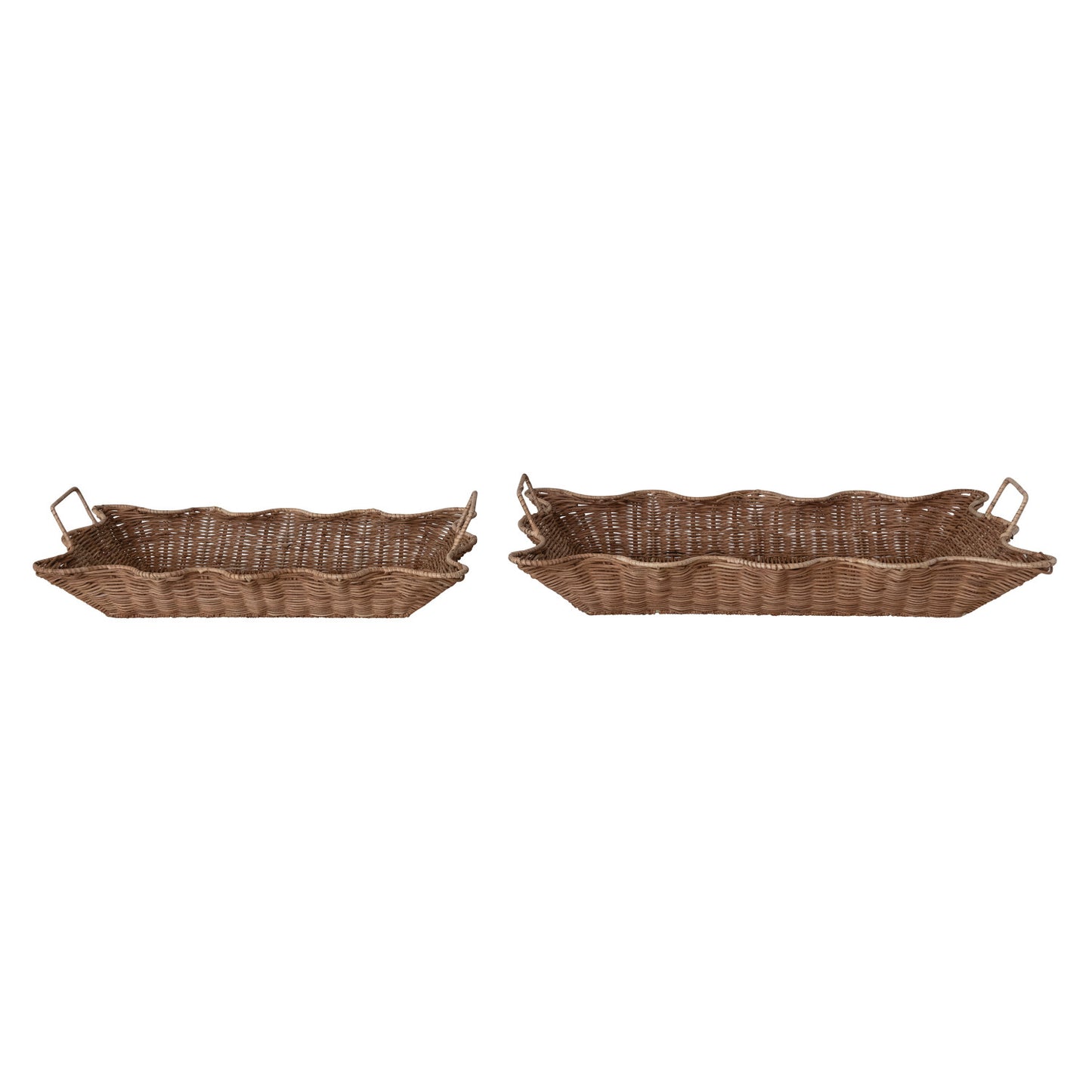 Decorative Hand-Woven Rattan Scalloped Nesting Trays with Handles, Natural