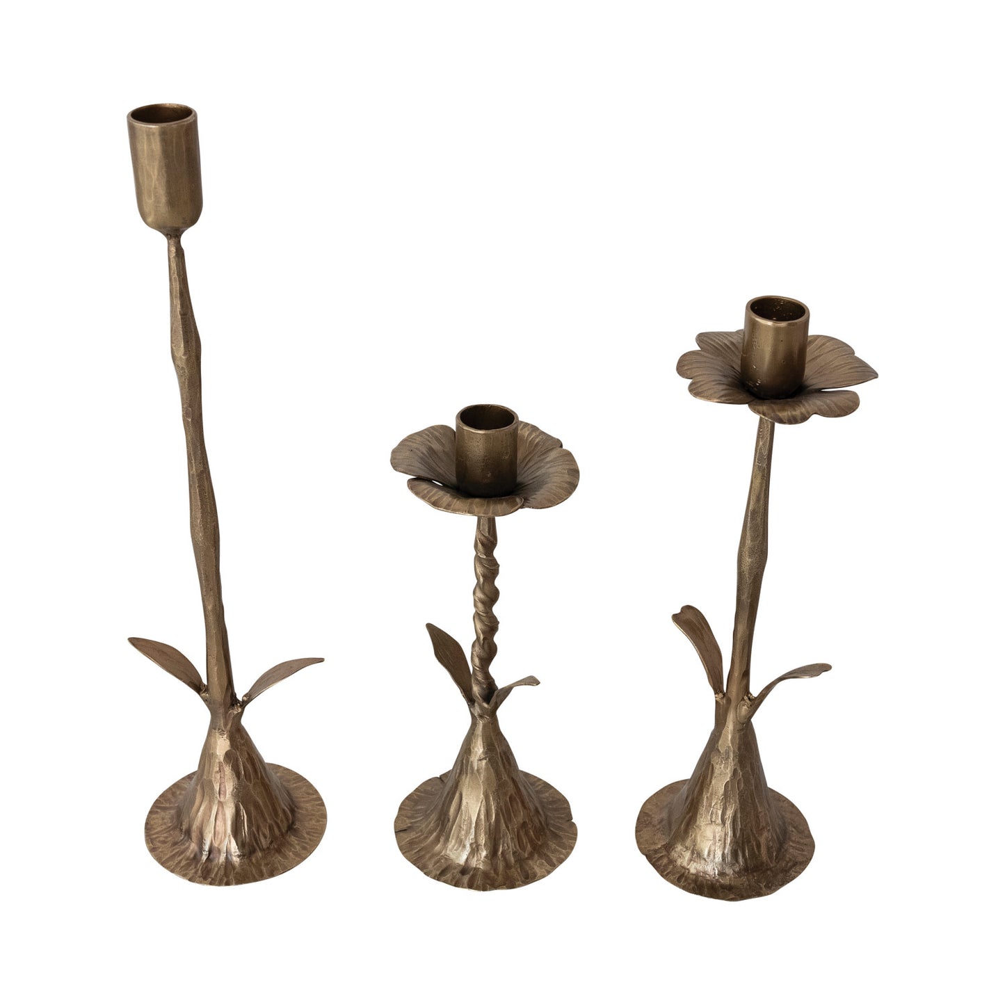 Hand-Forged Metal Stem Shaped Taper Holder, Antique Brass Finish