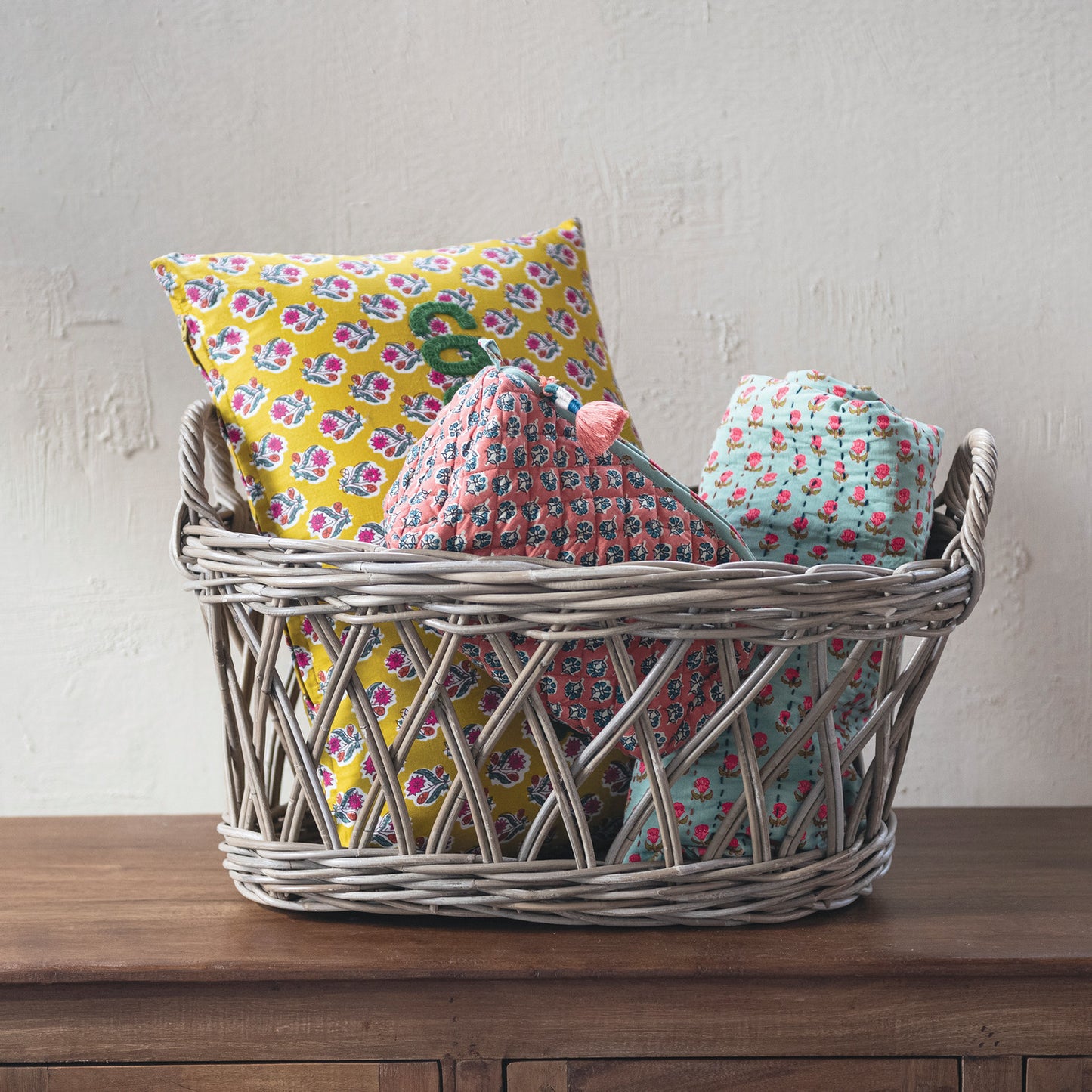 Decorative Hand-Woven Rattan Basket with Handles, Grey Washed