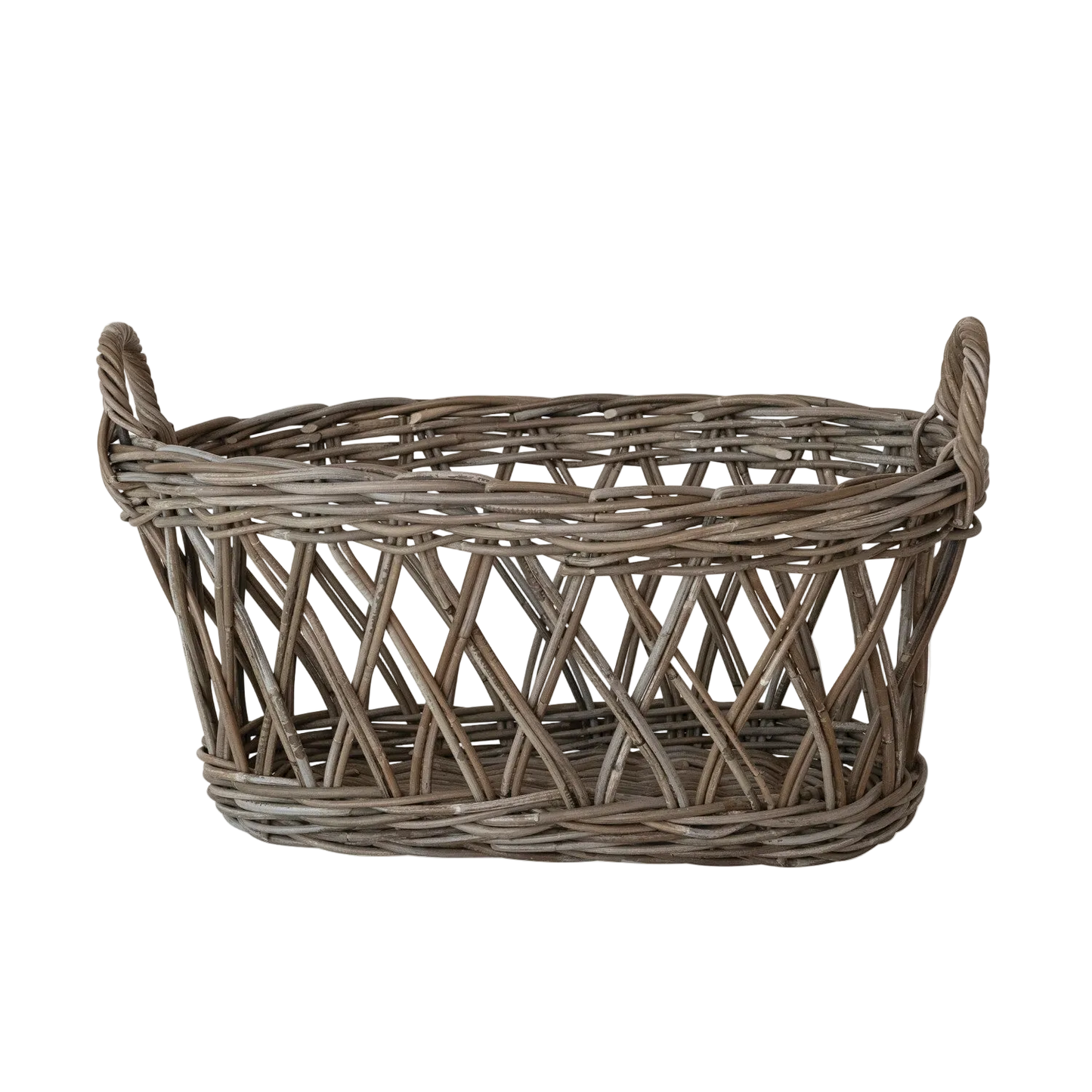 Decorative Hand-Woven Rattan Basket with Handles, Grey Washed
