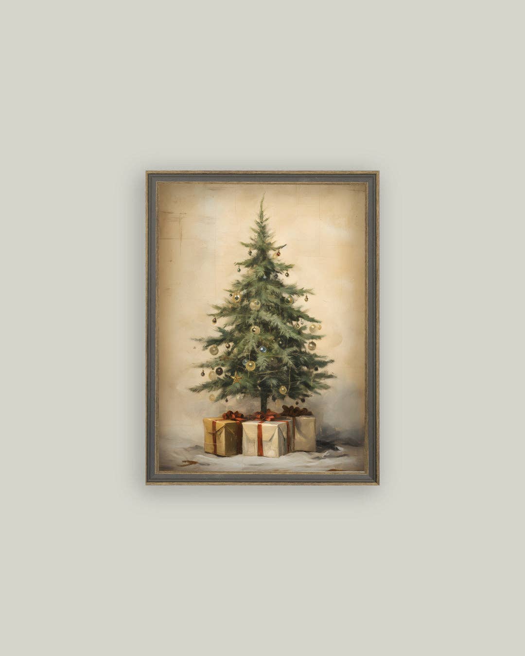 Christmas Tree with Presents Framed Antique Art: 7x9