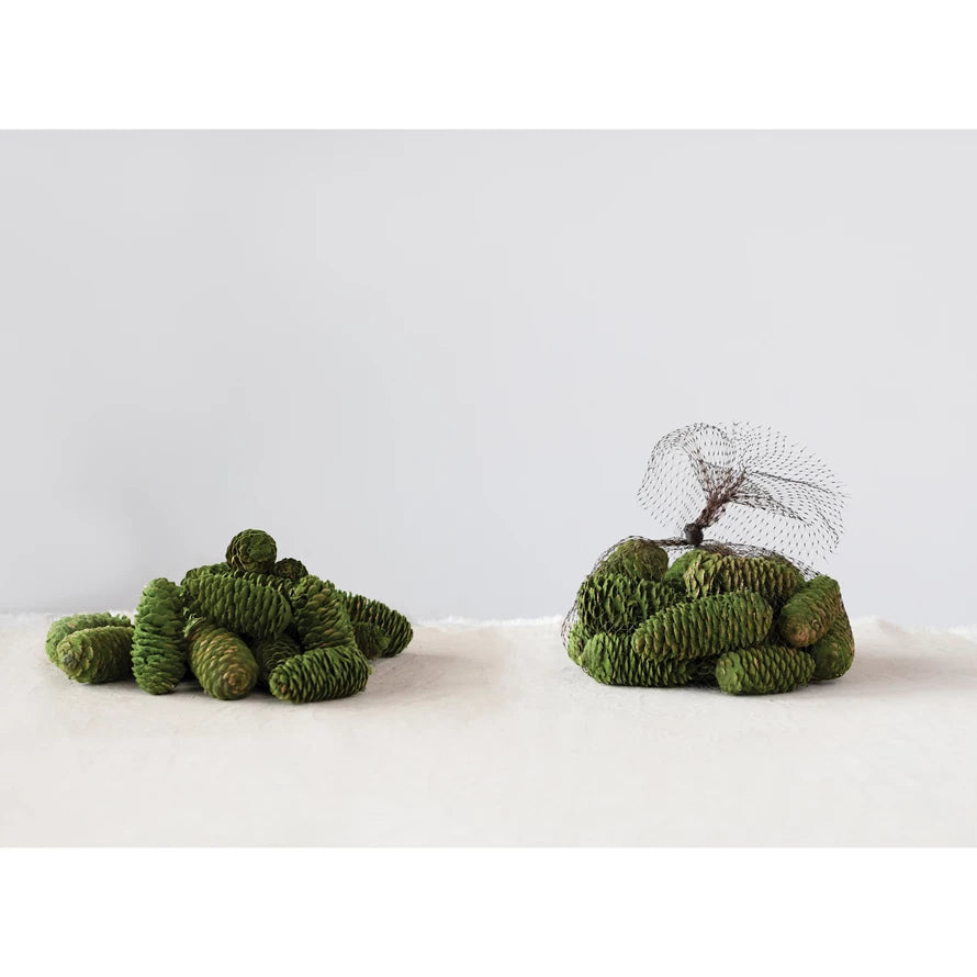 Flocked Dried Natural Pinecones in Net Bag