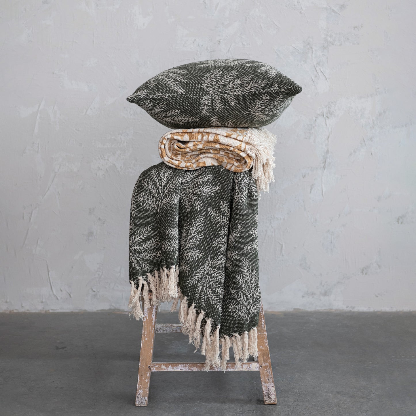 Woven Recycled Cotton Throw w/ Pine Needles Pattern & Fringe