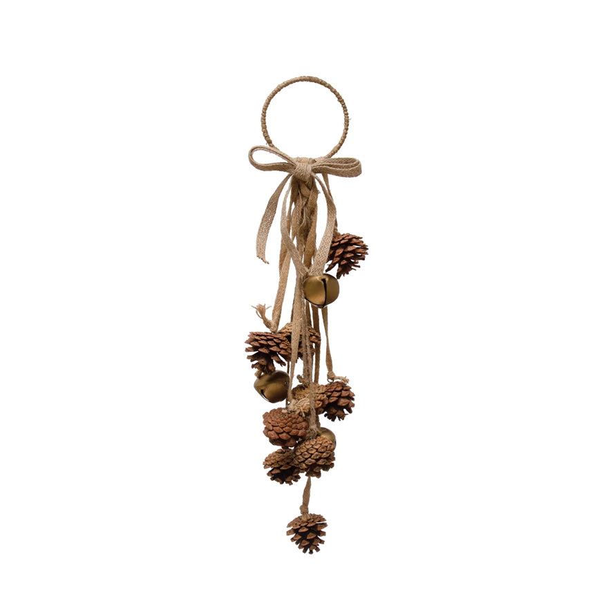 Metal Ring Door Hanger w/ Natural Pinecones, Jingle Bells & Jute Bow
