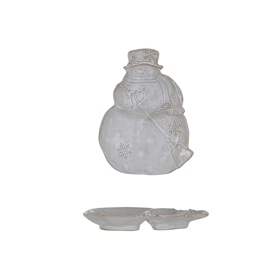 Stoneware Snowman Shaped Plate w/ Snowflakes & Broom (Each One Will Vary)