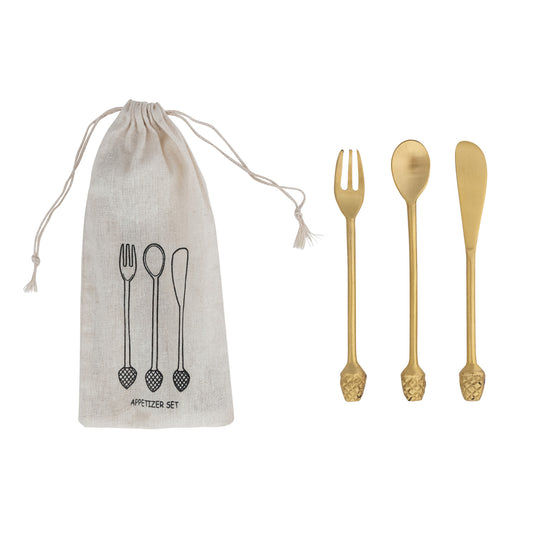 Brass Appetizer Set with Pinecone Handle, Set of 3 in Drawstring Bag
