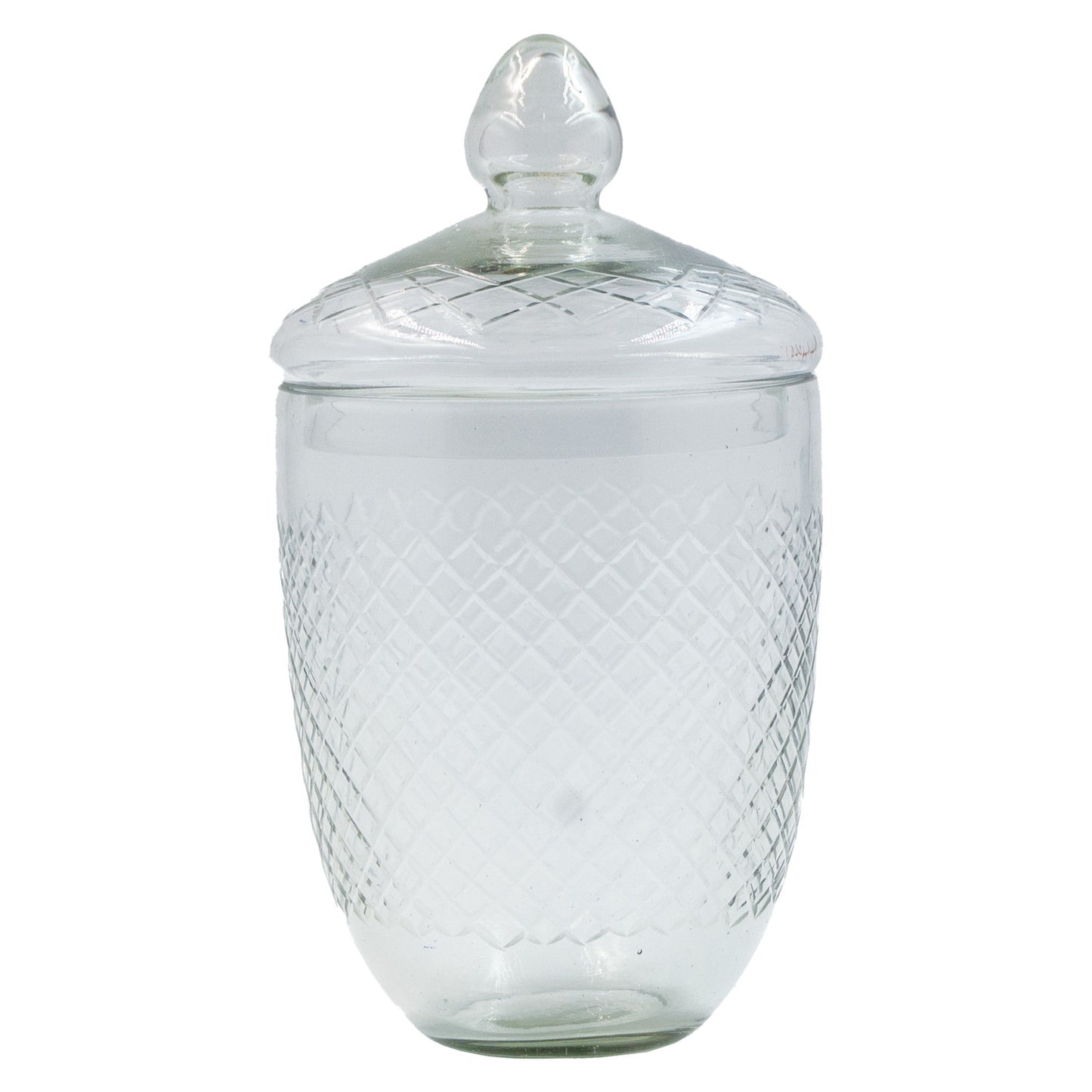 5" Round x 9"H 32 oz. Cut Hand-Blown Glass Jar with Lid
