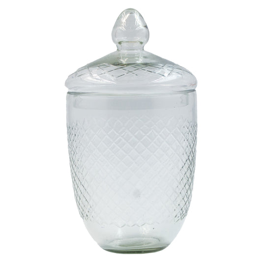 5" Round x 9"H 32 oz. Cut Hand-Blown Glass Jar with Lid