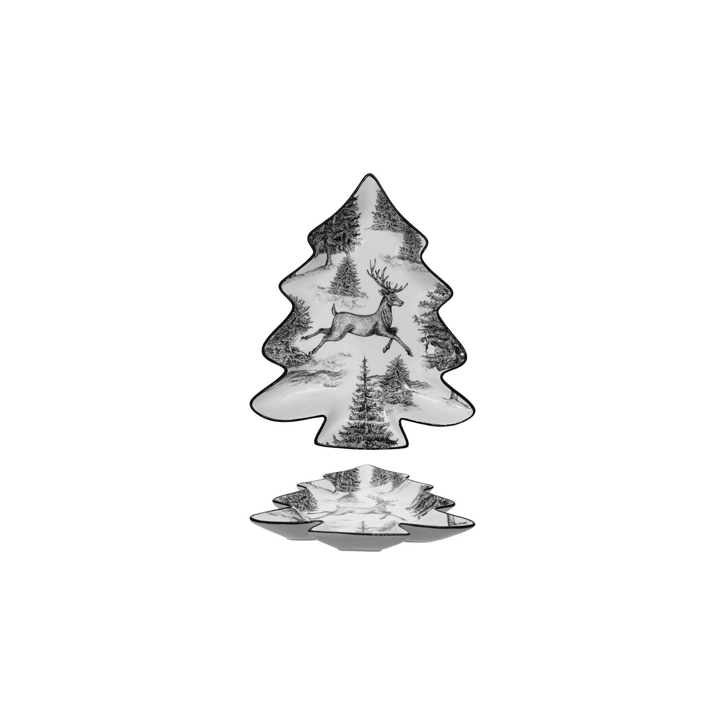 Ceramic Tree Shaped Plate with Woodland Deer Scene & Colored Edge