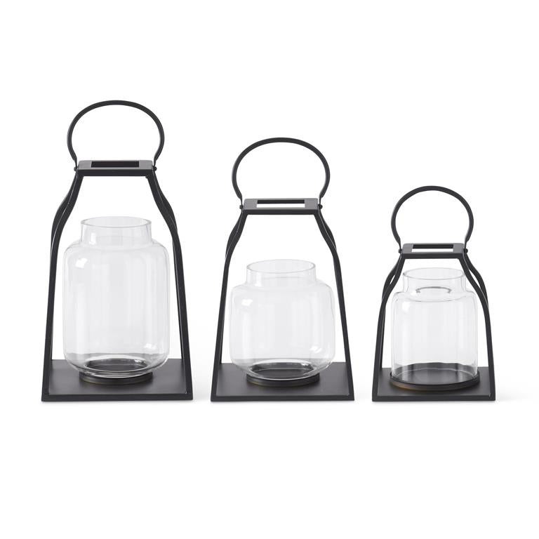 Black Metal Trapezoid Lanterns w/Glass Hurricane