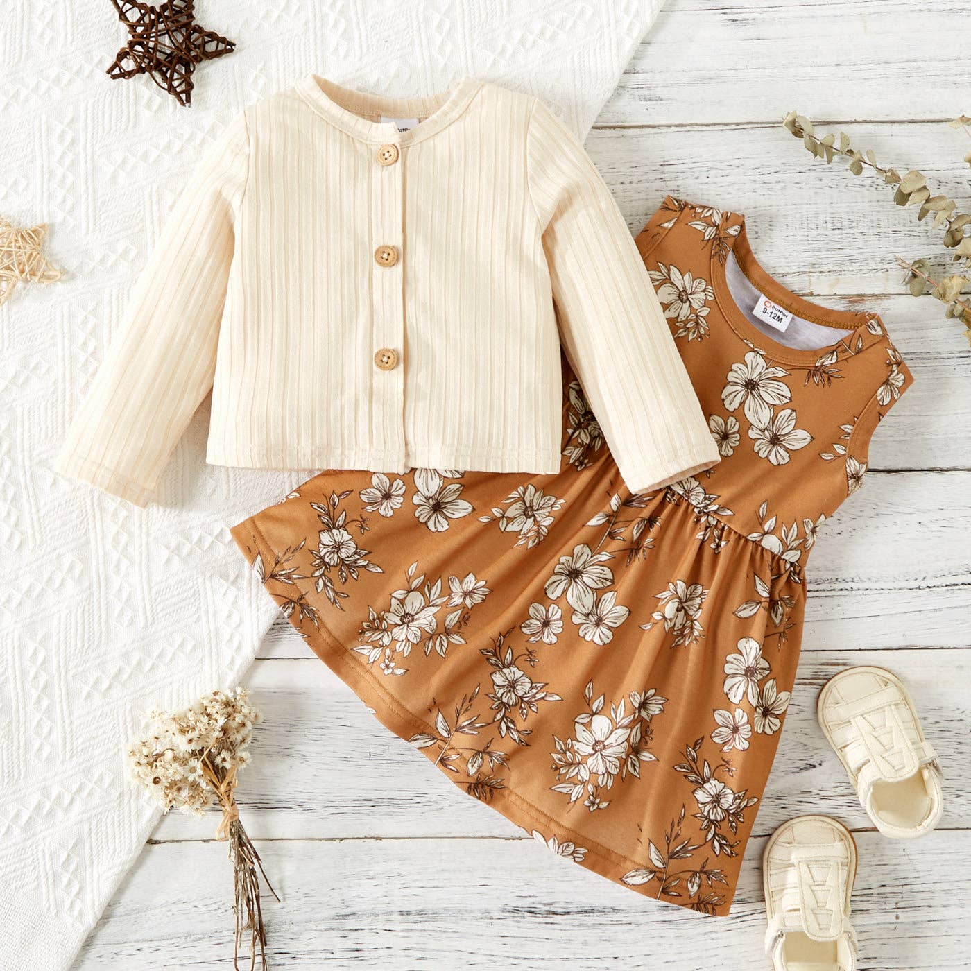 2pcs Baby Girl Long sleeve Cardigan and Floral Dress Set