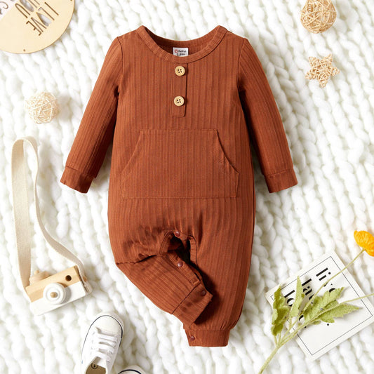 Baby Solid Ribbed Long sleeve Jumpsuit with Pocket