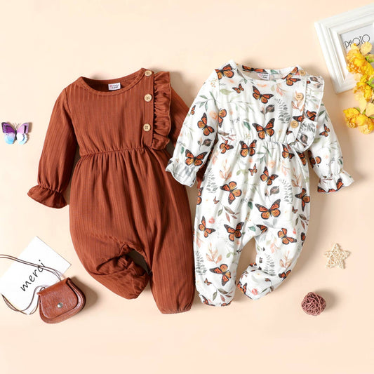 Baby Girl Brown Long-sleeve Ruffle Jumpsuit