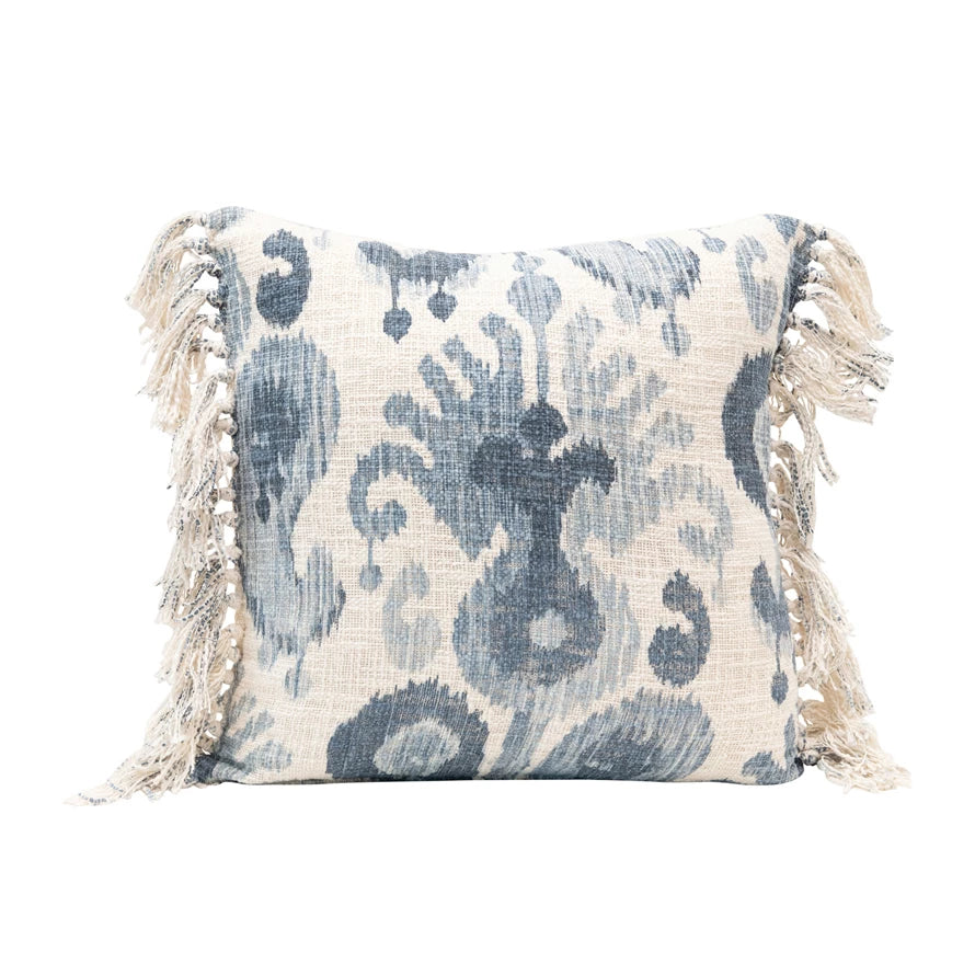 Stonewashed Pillow with Ikat Pattern and Tassels