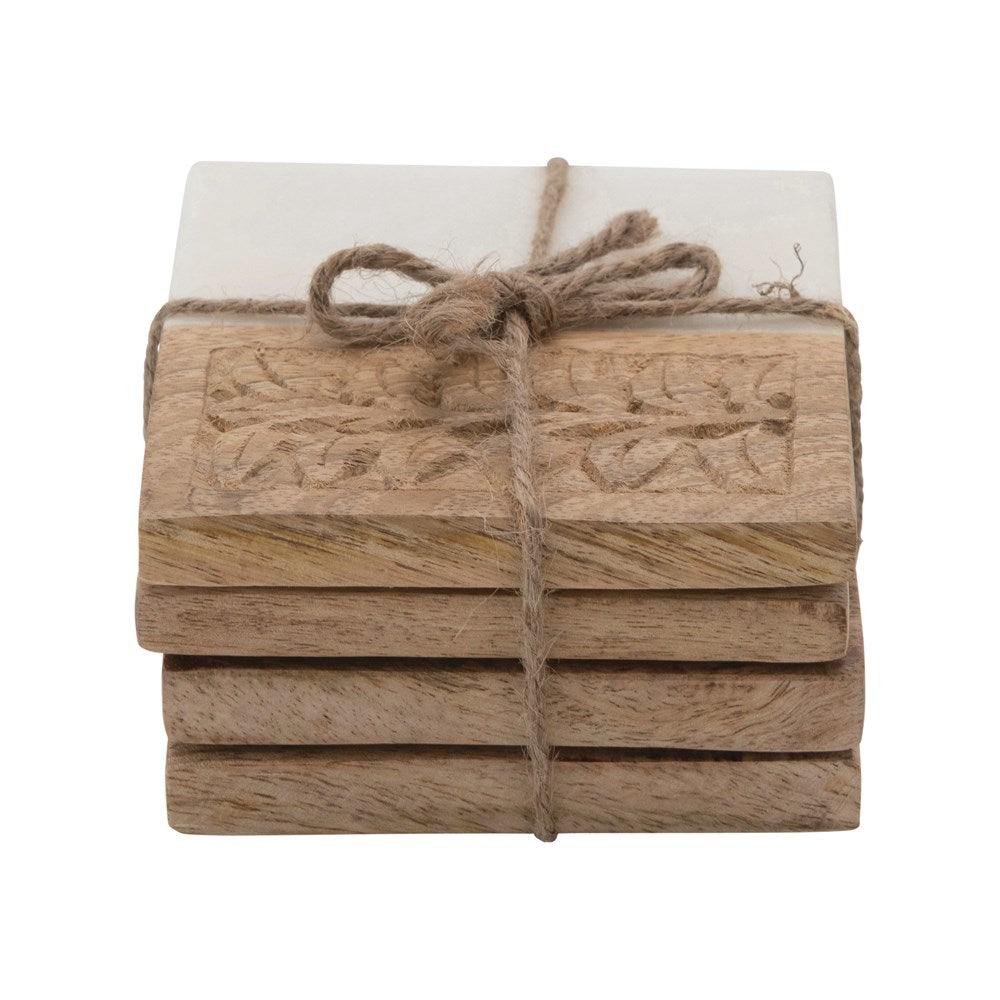 Mango Wood & Marble Coasters w/ Engraved Design