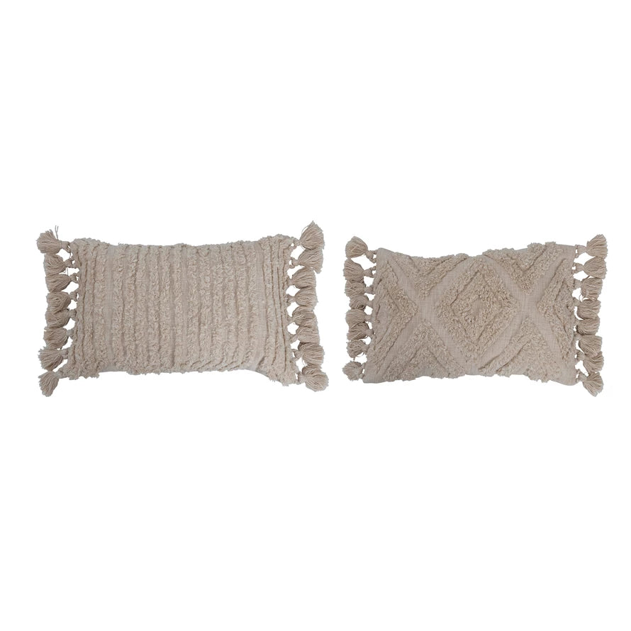 Woven Cotton Slub Lumbar Pillow with Tufted Design and Tassels