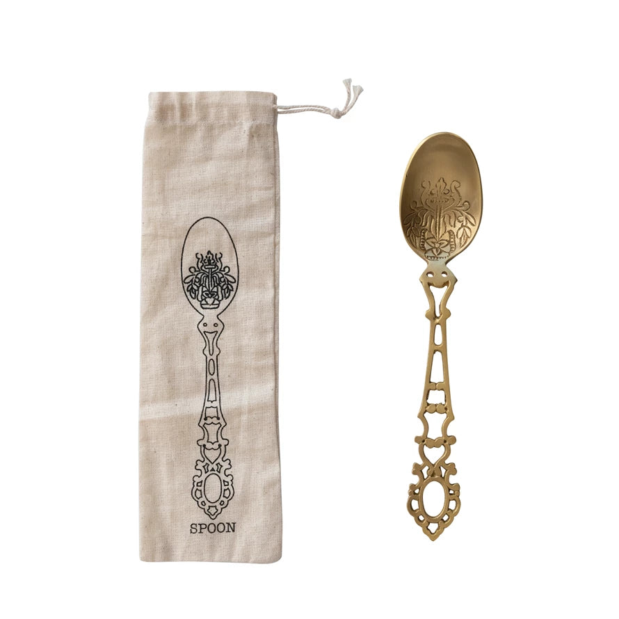 Etched Brass Spoon in Printed Drawstring Bag