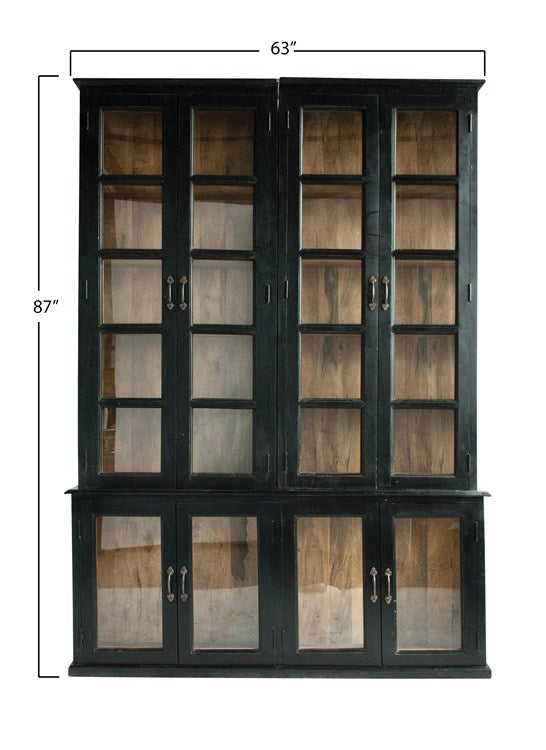 Black Cabinet with Glass Doors & Wooden Shelves