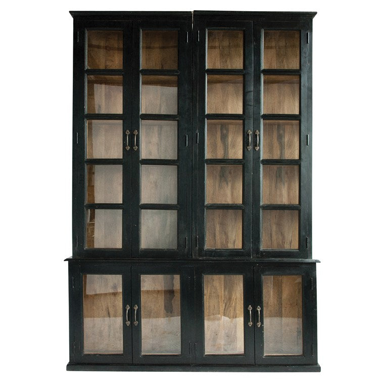 Black Cabinet with Glass Doors & Wooden Shelves