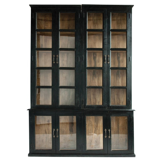 Black Cabinet with Glass Doors & Wooden Shelves