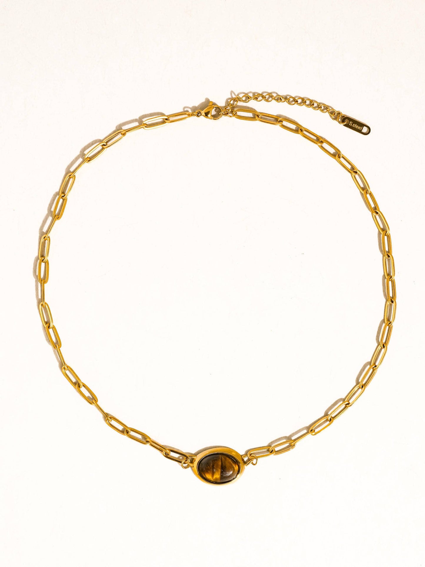 Shay 18K Gold Non-Tarnish Oval Stone Chain Necklace: Brown