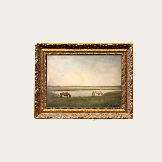 Grazing Horses | French Brass Gold Mould Framed Art: 8 x 10