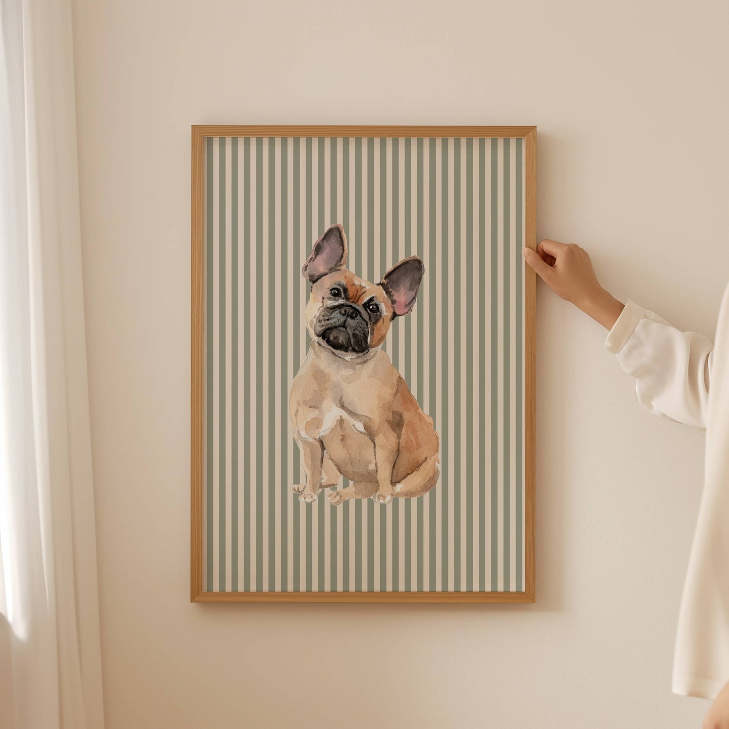 French Bulldog Print with Sage Green Stripe Background: 5" x 7" (vertical)