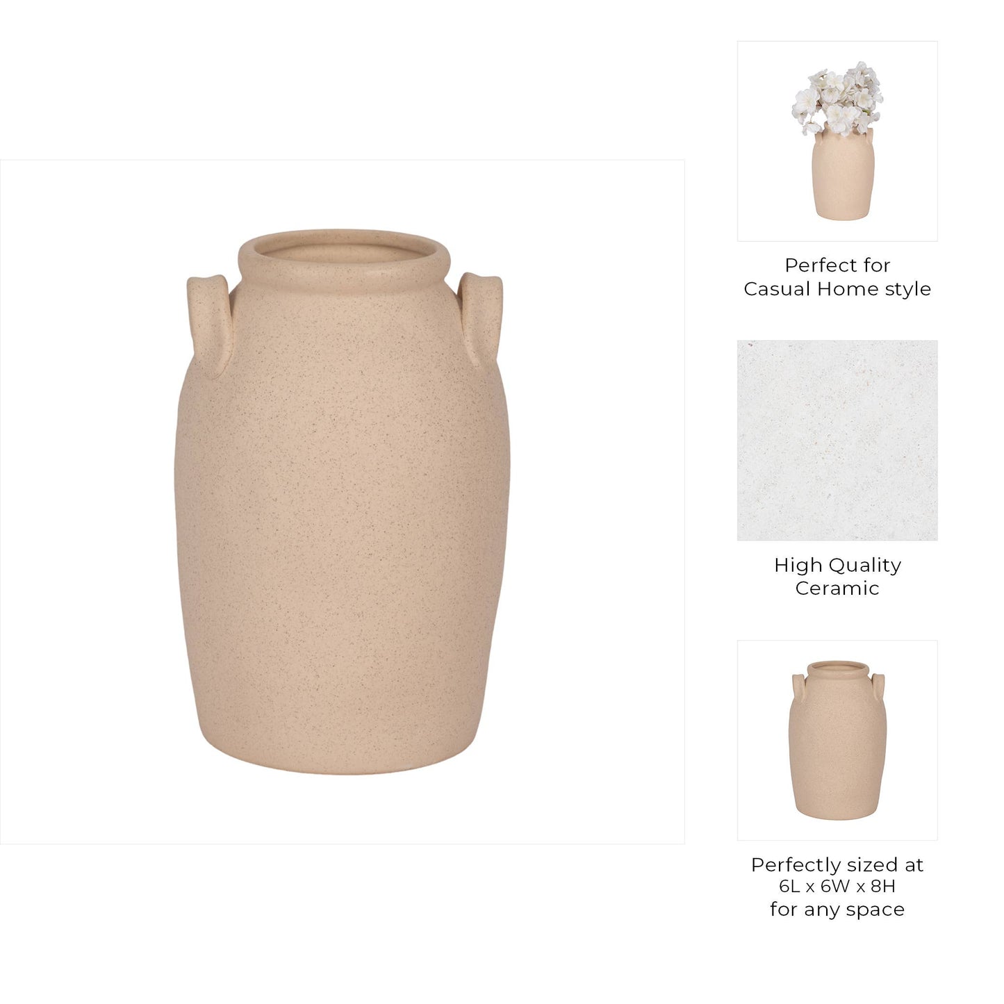 Ceramic Textured Vase with Handles - Ivory, 8 in.