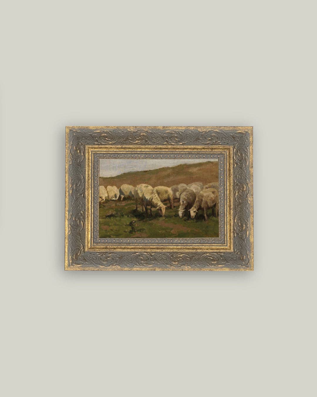 Sheep Landscape Framed Antique Art: 7x5