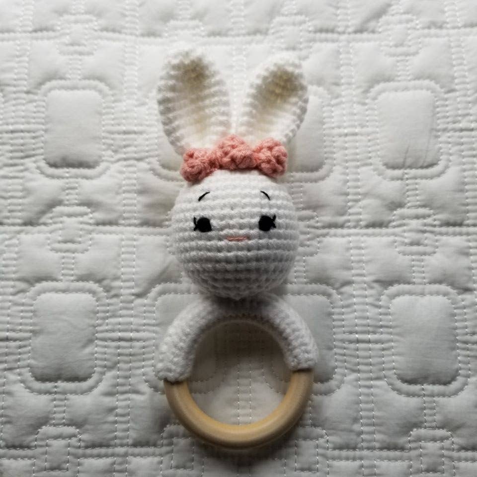 White Floral Bunny Hand Crocheted Rattle