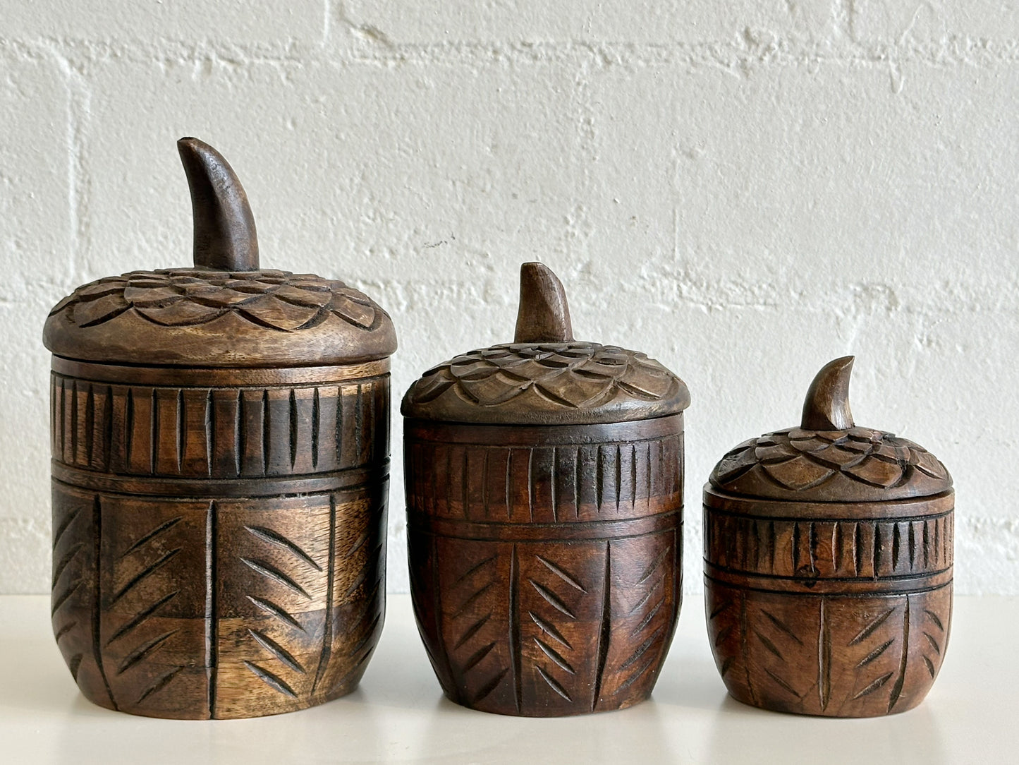 Dark Brown Carved Wood Acorn Container Filled Candles